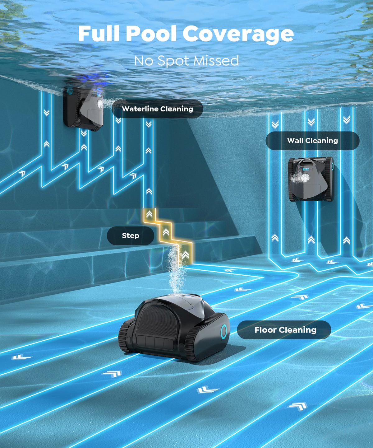 Robotic Pool Vacuum for inground Pool with 180Mins Runtime, Pool Cleaner Wall Climbing, App Support, Ultra-Strong Suction, Dual Filtration, Smart Navigation, Wall &Waterline Cleaning